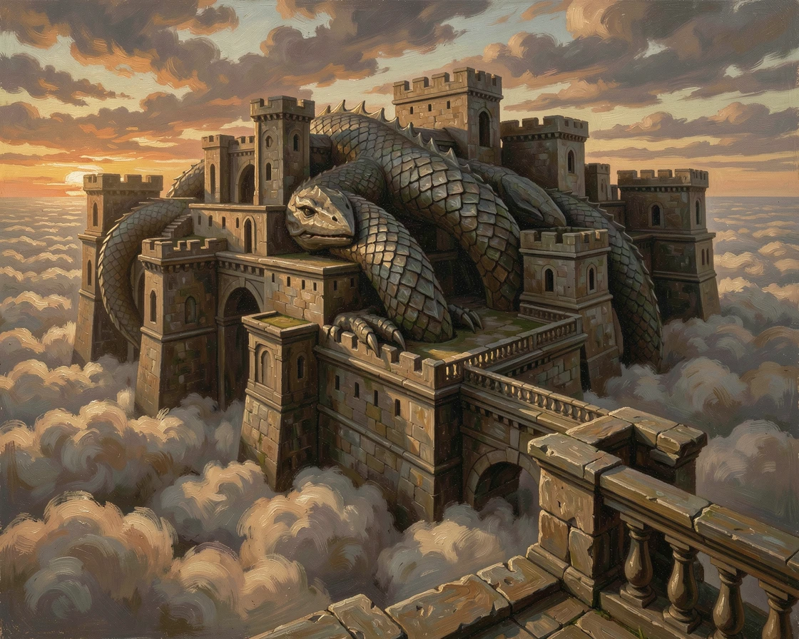 A floating city suspended above the clouds, catching the light of sunset, with intricate textures on armor, scales, or ancient stone, designed to captivate the imagination while feeling grounded in realism