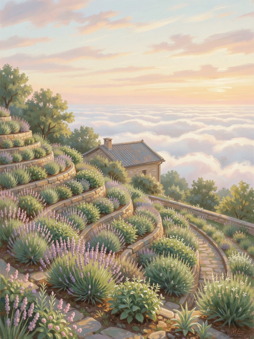 A remote monastery garden on a mountaintop, terraced beds of herbs overlooking clouds below, at golden sunrise, radiating serenity and gentle stillness.