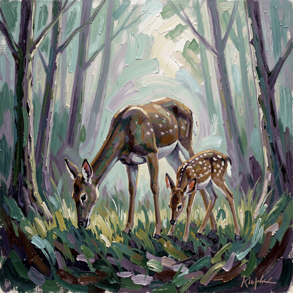 A mother deer and her fawn grazing quietly at the edge of a misty forest.
