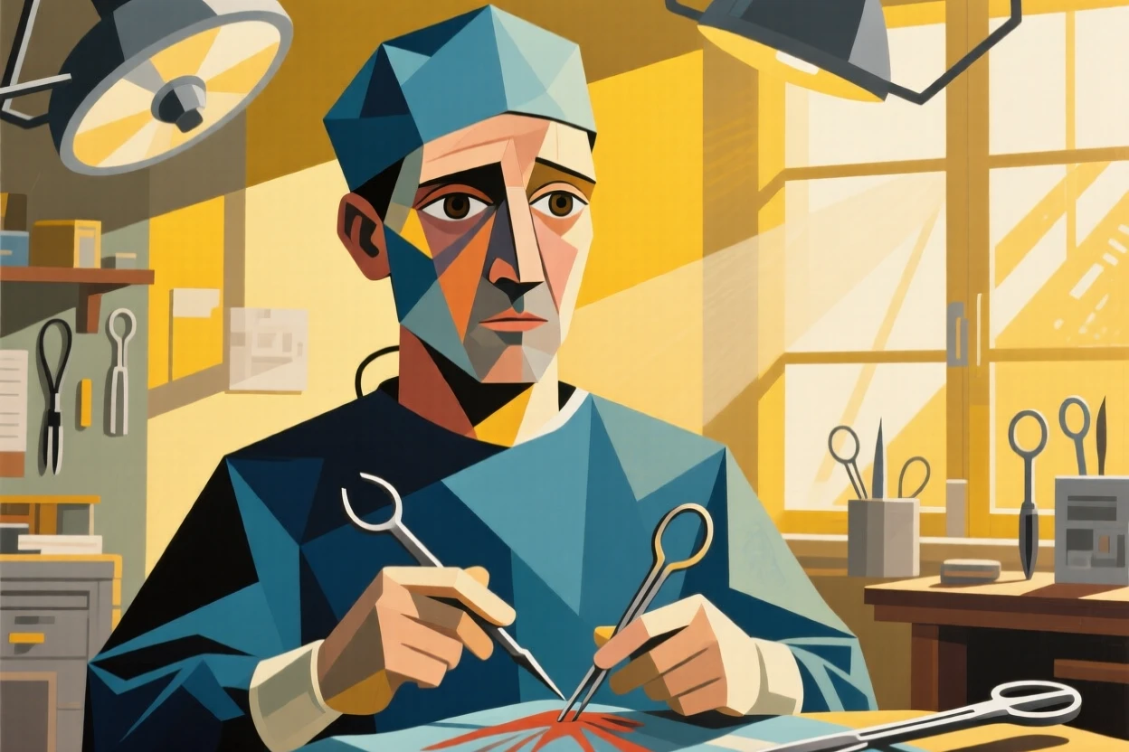 A medium shot portrait of a surgeon in a sunlit workshop, focused and content in the craft.
