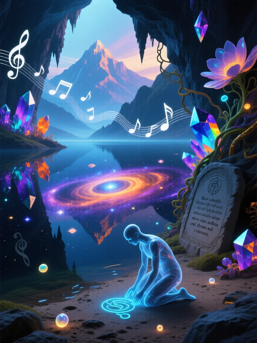 A cavern lake so still it seems to hold a second universe hums faintly with a low, unseen music, while distant mountains seem to shimmer like a mirage.
