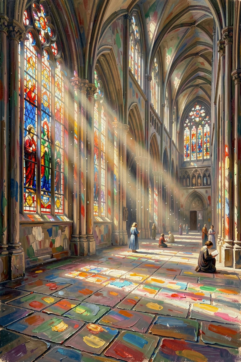 A Gothic cathedral's stained glass windows scatter colorful light across stone floors in Notre-Dame, sunbeams illuminating drifting dust in the quiet nave, distant figures going about their day, lending the scene a sense of genuine daily life.