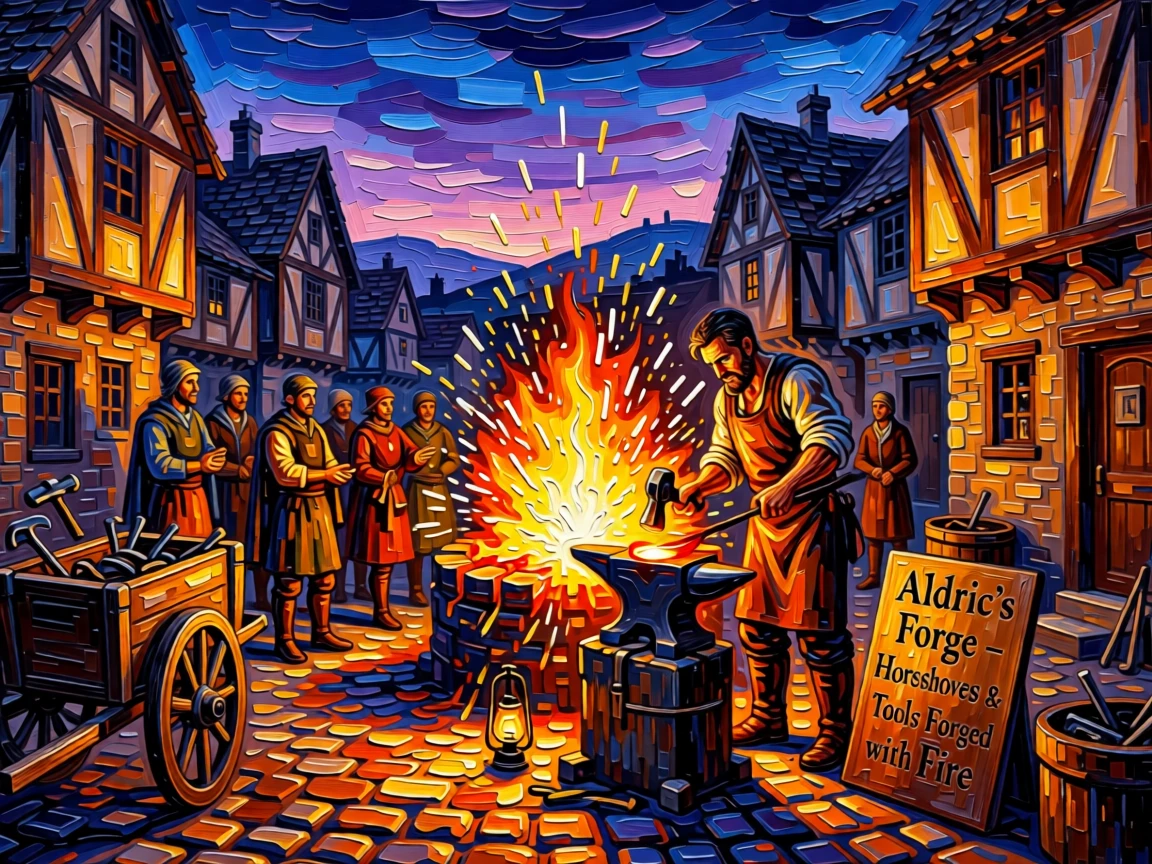 A blacksmith's forge glowing bright in a medieval village square at dusk
