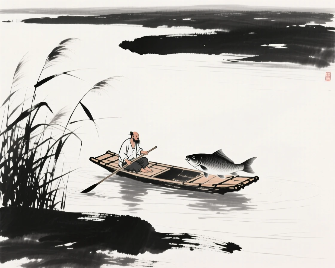 A fisherman poles his raft slowly along a calm river, as reeds sway gently along the water's edge.