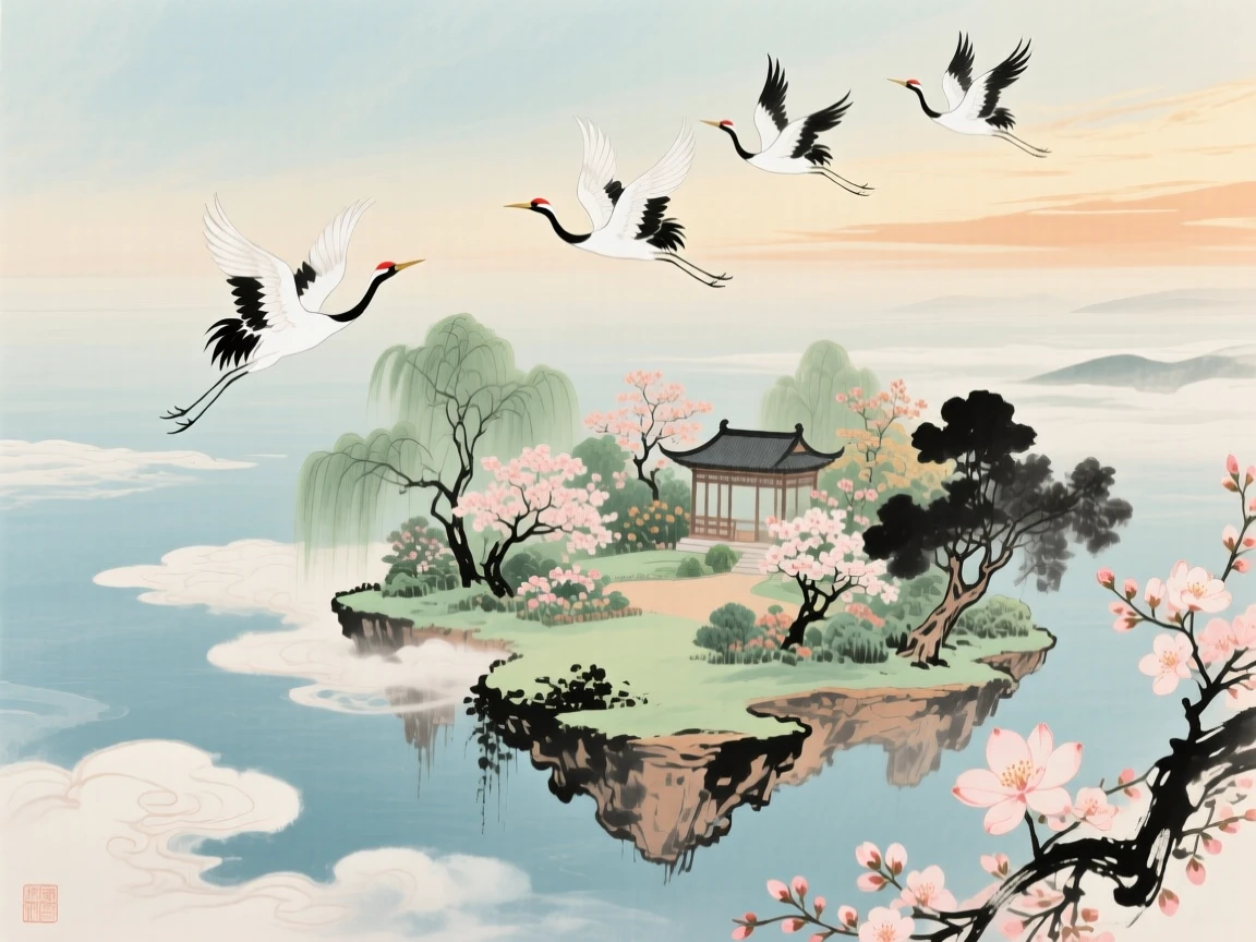 A celestial garden suspended above the clouds, reachable only by cranes, brimming with peaceful contentment, as spring blossoms unfold, in the soft light of late afternoon.