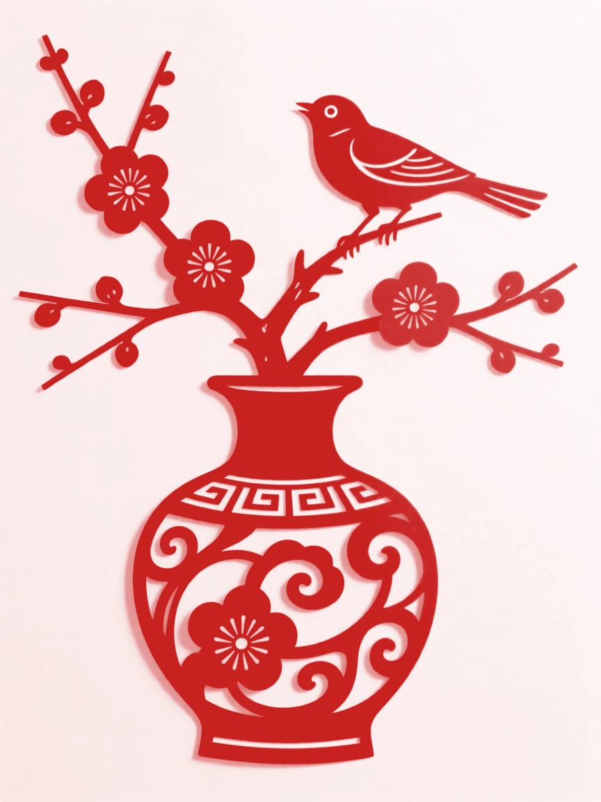 A branch of plum blossoms arranged in an antique porcelain vase, with a small bird perched nearby.