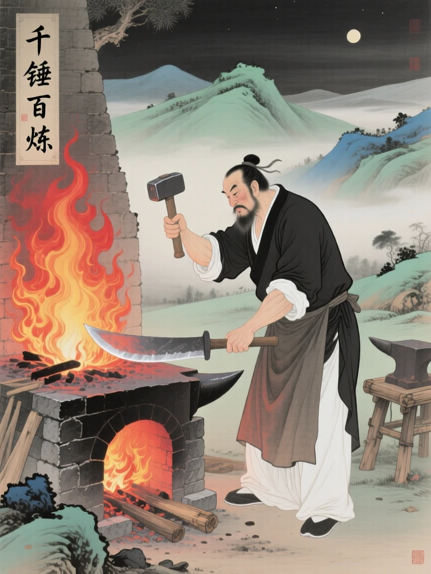 A blacksmith forging a blade beside a roaring furnace at night, as morning mist clings to the surrounding hills