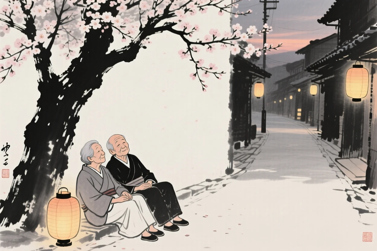 An elderly couple resting beneath the shade of a blossoming tree along a lantern-lit street at dusk, composed with soft light falling across the scene, carrying a tender sense of familial warmth.