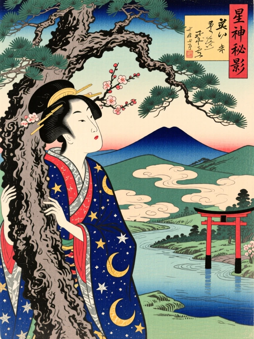 A star-born deity watching silently from behind an ancient pine.