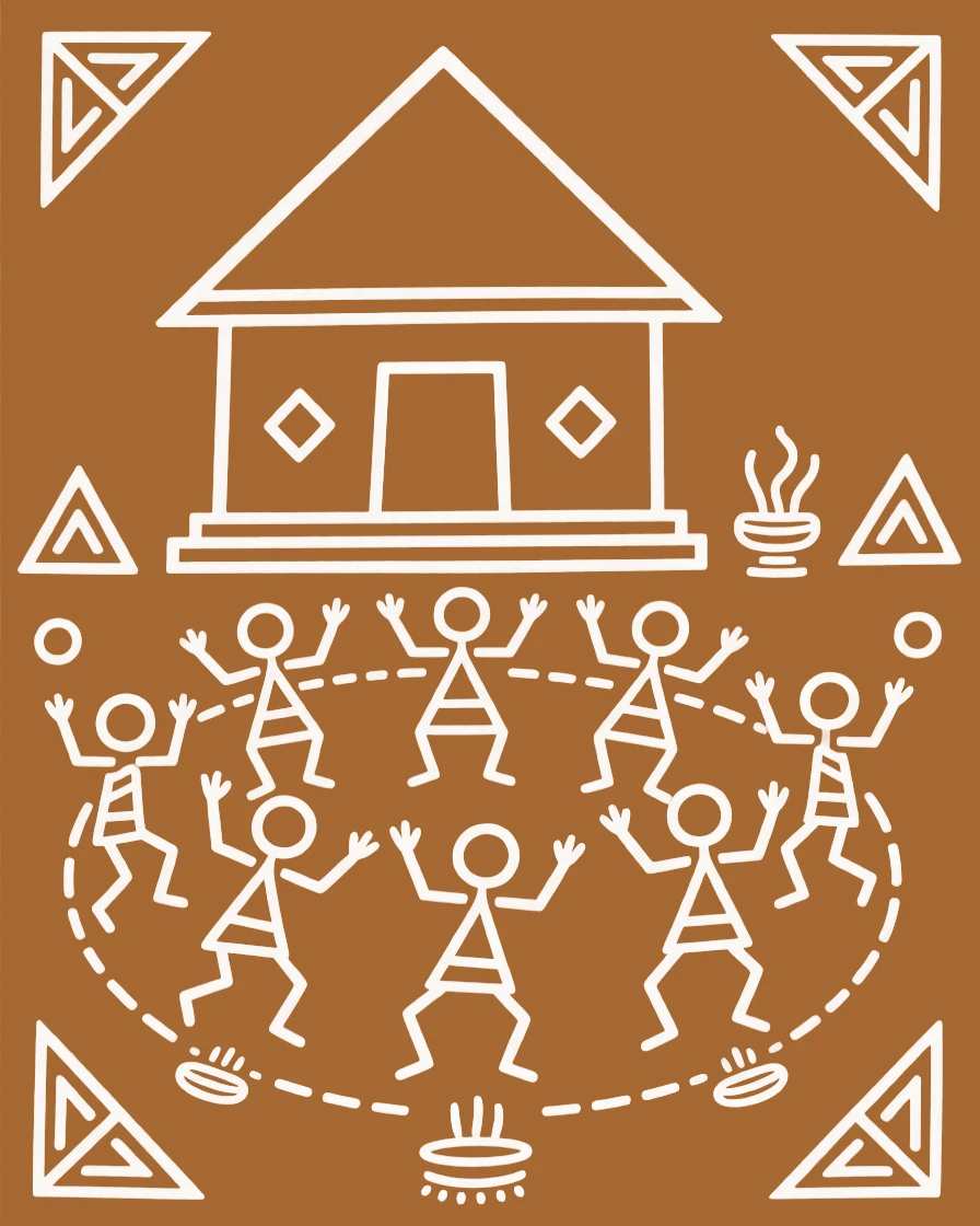 A group of dancers performing a ritual dance inside a modest village temple.