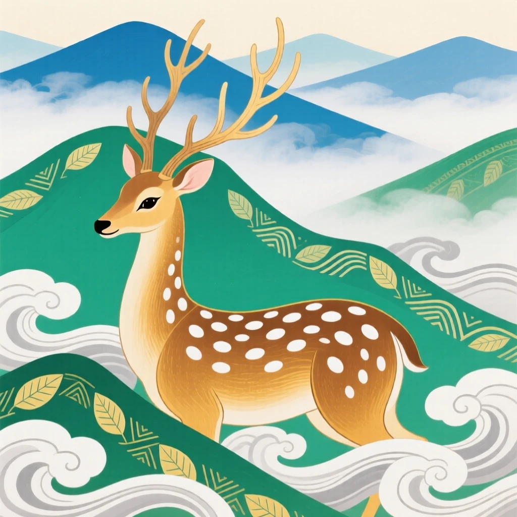 A spotted deer with tall antlers, emerging from behind rolling fog on a mountain ridge.