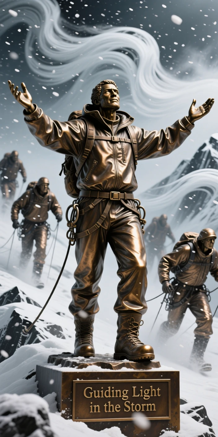 A mountain guide leading climbers through a blizzard, with hands outstretched in a gesture of hope, forming a strong central focal point