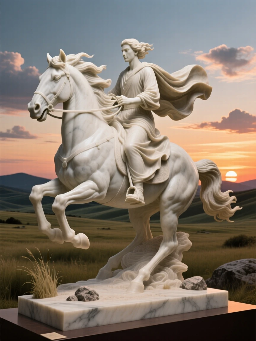 A beautifully composed image of a rider galloping across an open plain at sunset, framed by dramatic natural scenery, full of atmosphere and visual storytelling