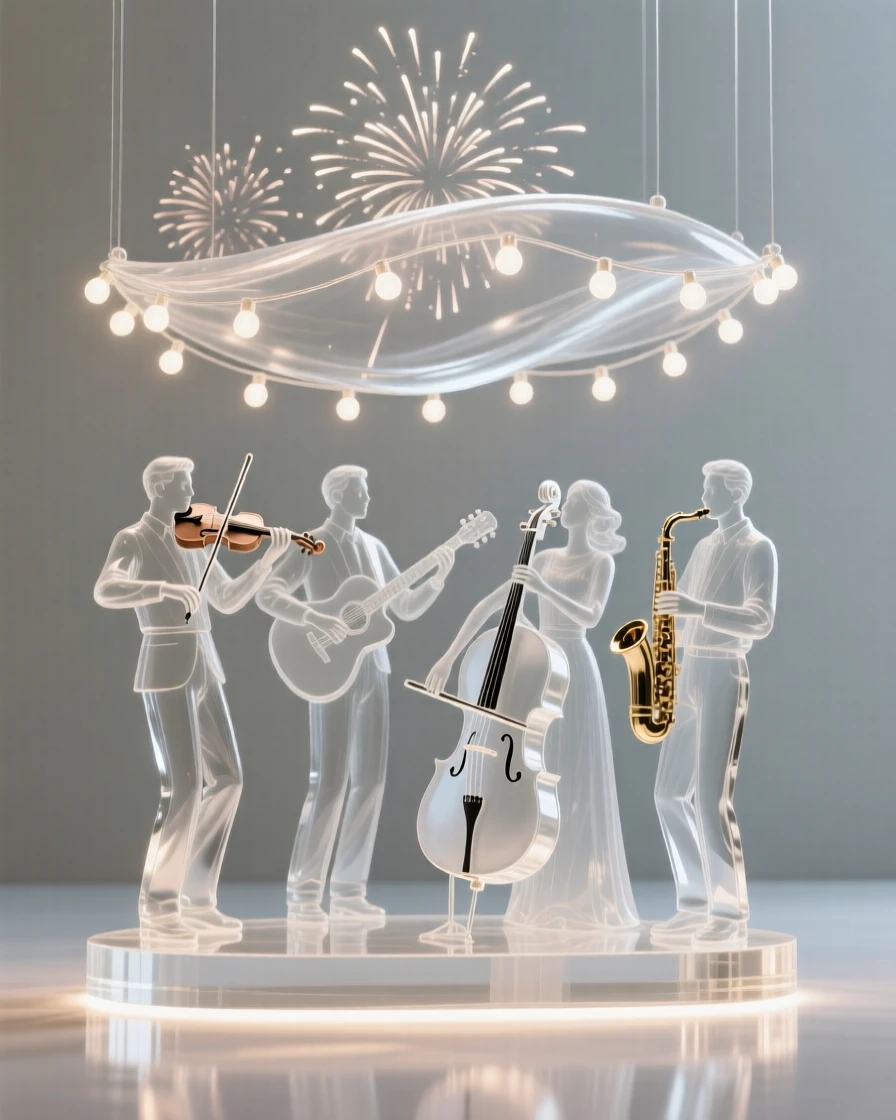 A group of musicians performing together beneath string lights as fireworks burst quietly in the sky above