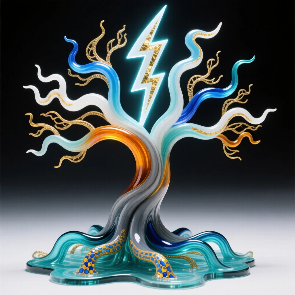 A tree with roots made of flowing rivers and branches made of lightning, elemental and powerful.