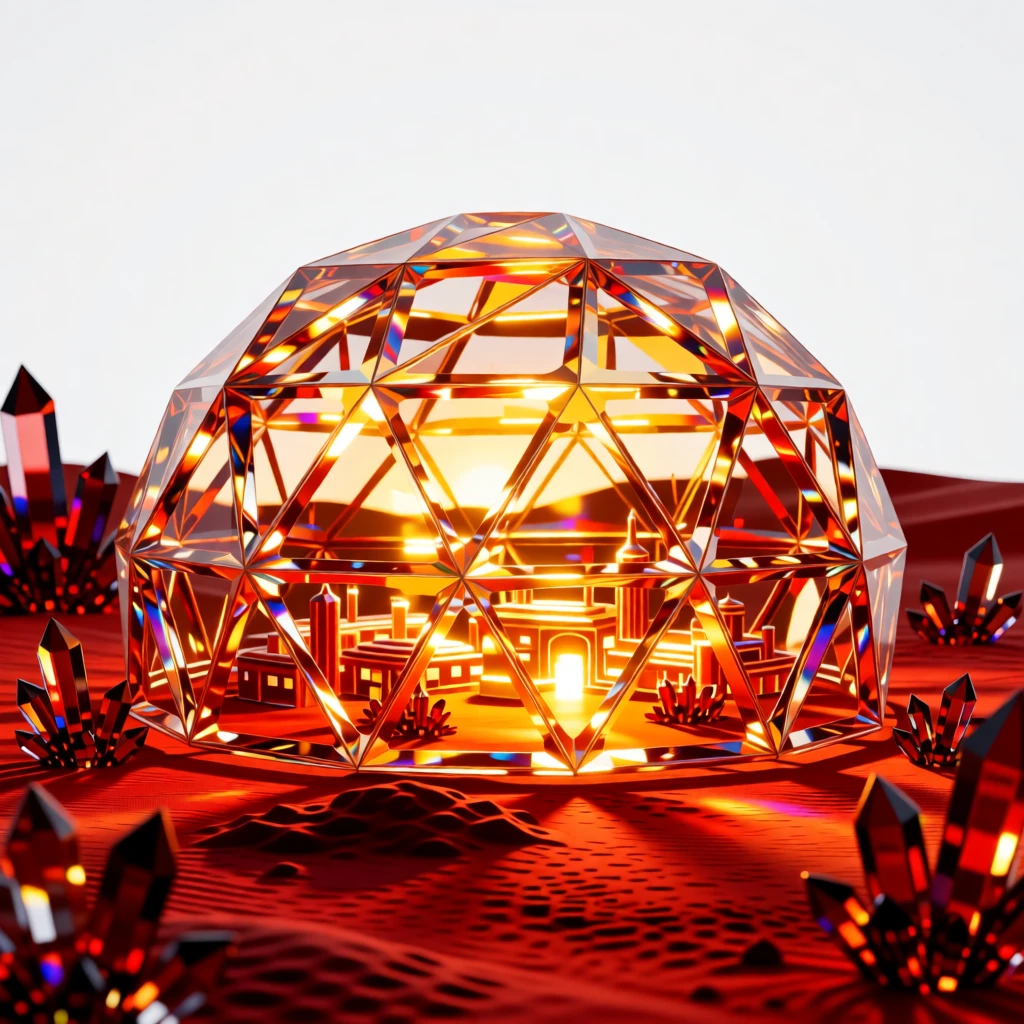 A terraformed Mars colony dome glowing warmly against a red desert landscape.