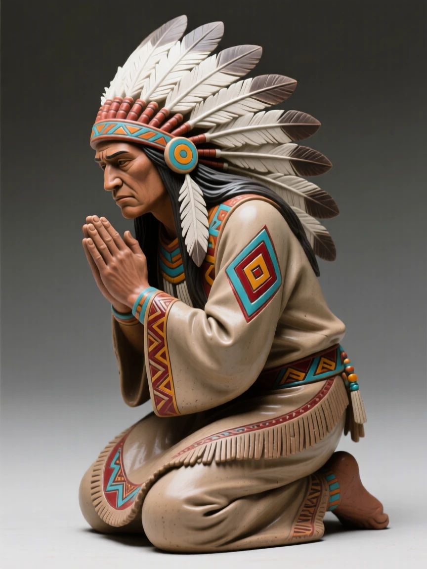 A Native American chief in full feathered headdress kneeling in reverent tribute, adorned with intricate traditional patterns, radiating dignity, honor, and cultural pride.