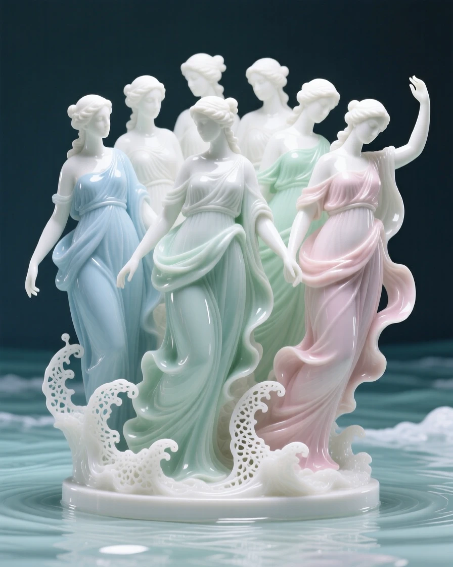A mythological moment: the Greek muses emerging gracefully from sea foam, bathed in an otherworldly glow.