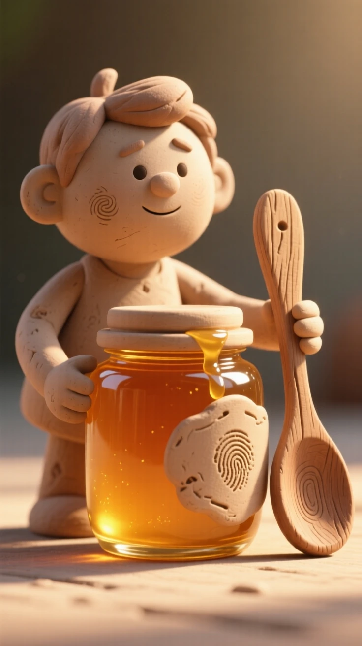 A jar of honey catching golden sunlight beside a wooden spoon