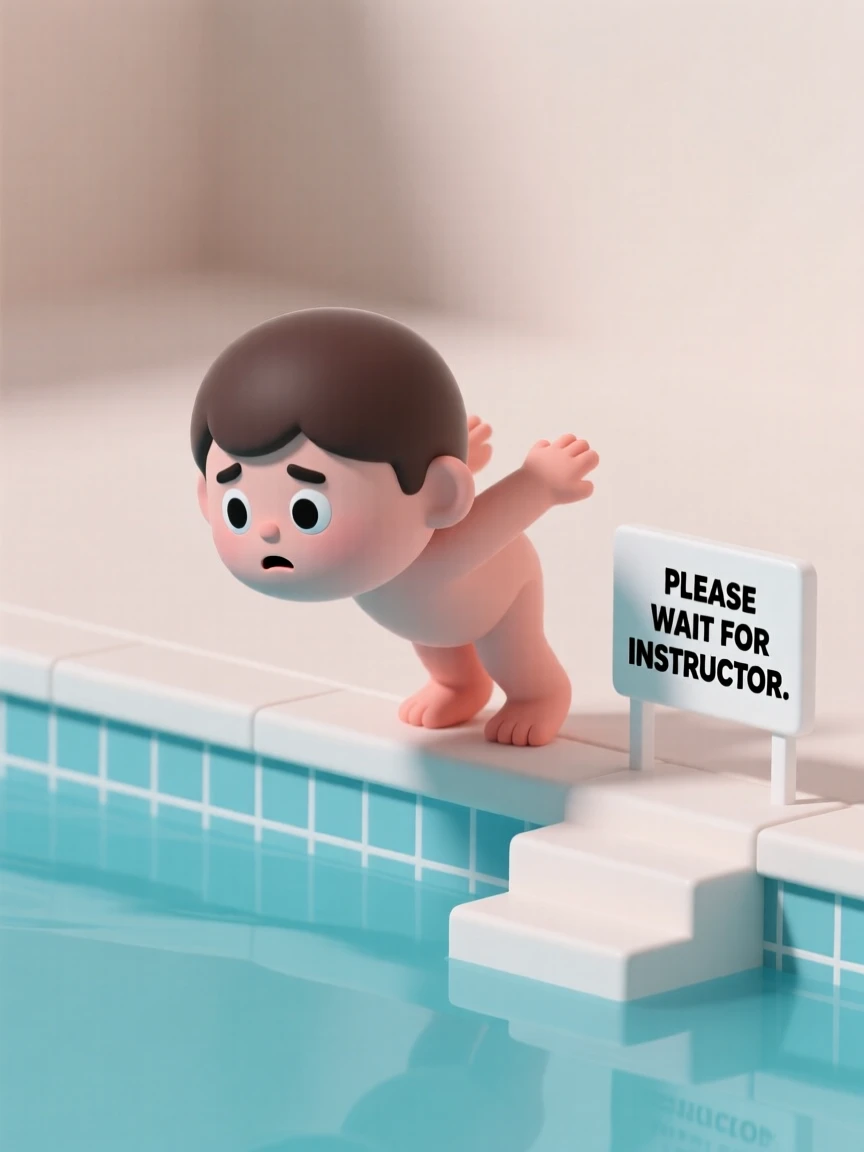 A nervous child takes a deep breath before diving off a pool's edge for the very first time.
