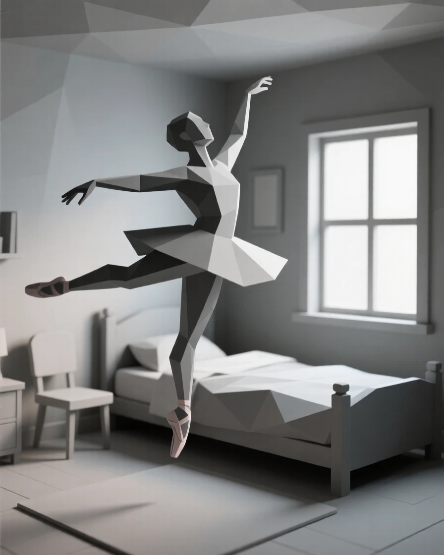 A dancer frozen mid-leap in graceful motion, in a softly lit cozy room. the composition captures genuine, candid emotion. The mood feels tender and heartfelt.
