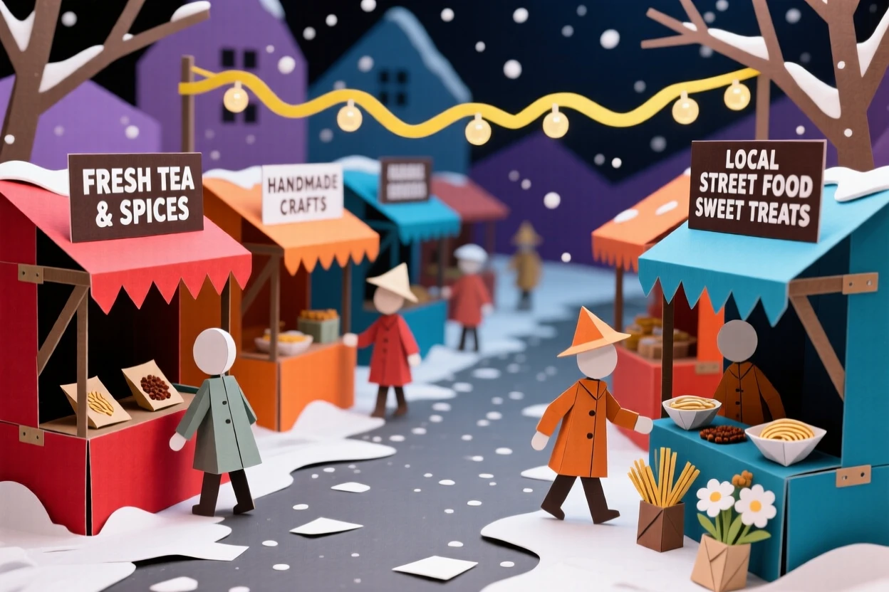 A bustling night market street dusted lightly with fresh snow, with vibrant market stalls scattered about, capturing a sense of discovery and adventure.