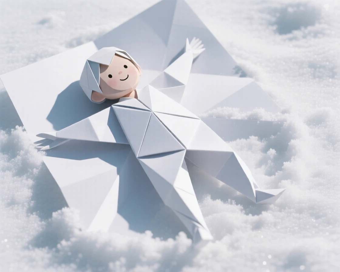 A child's first snow angel, arms and legs spread wide in fresh powder.