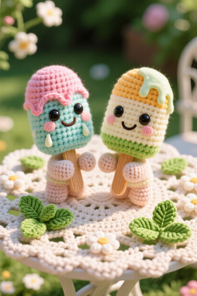 A delightful still-life of a cheerful popsicle duo character melting slightly in the summer heat, shared between two small hands within a garden patio set for afternoon tea; a scattering of fresh mint leaves nearby, full of a cozy sense of shared treats.