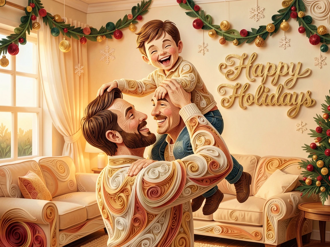 a father lifting his laughing child onto his shoulders, in a softly lit living room decorated for the holidays, composed with generous warmth and closeness between subjects, in soft, cozy tones of amber and cream.