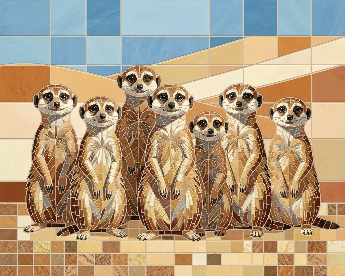 A group of meerkats standing alert in the desert sun, captured in soft natural light with a shallow depth of field.