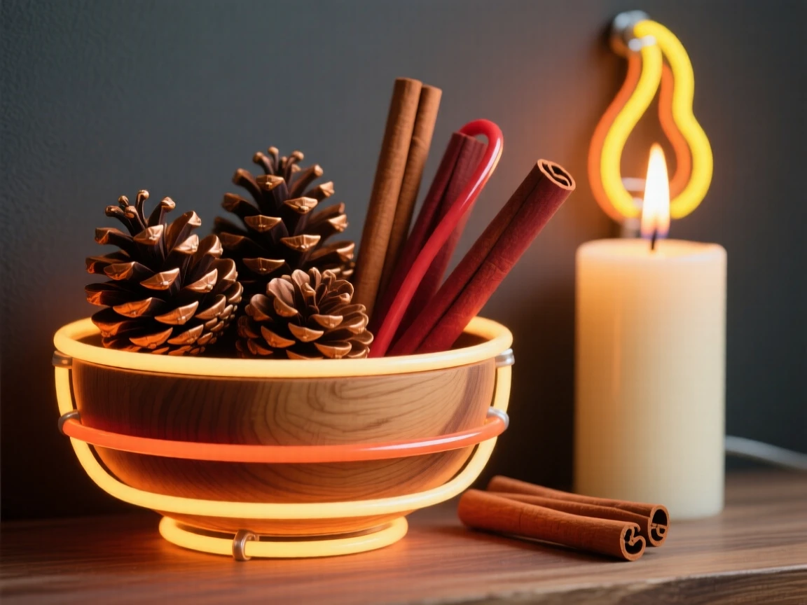 A wooden bowl of pinecones and cinnamon sticks beside a candle.