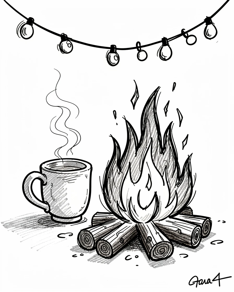 A cup of cider beside a crackling bonfire under twinkling string lights at dusk.