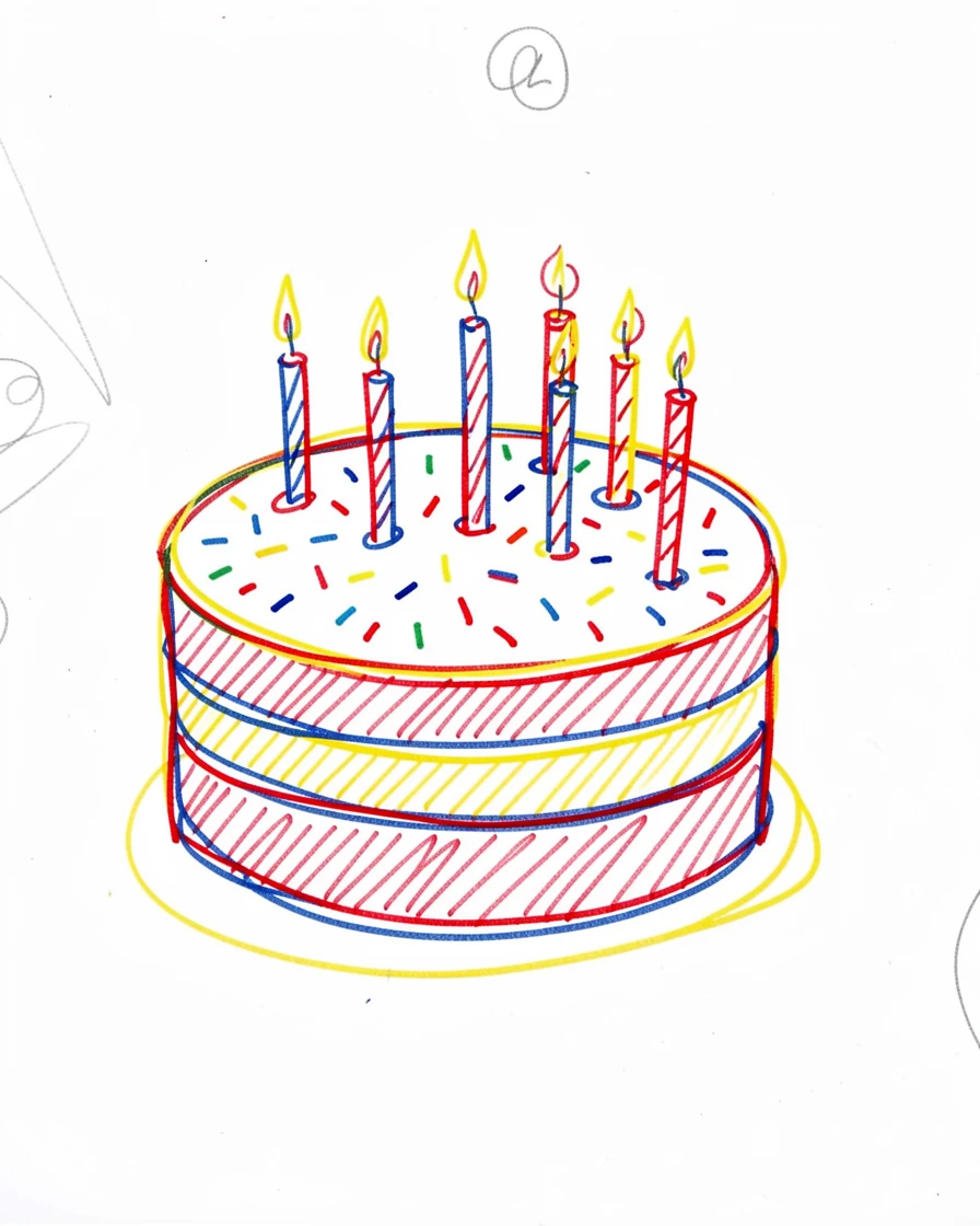 A birthday cake covered in colorful sprinkles and lit candles