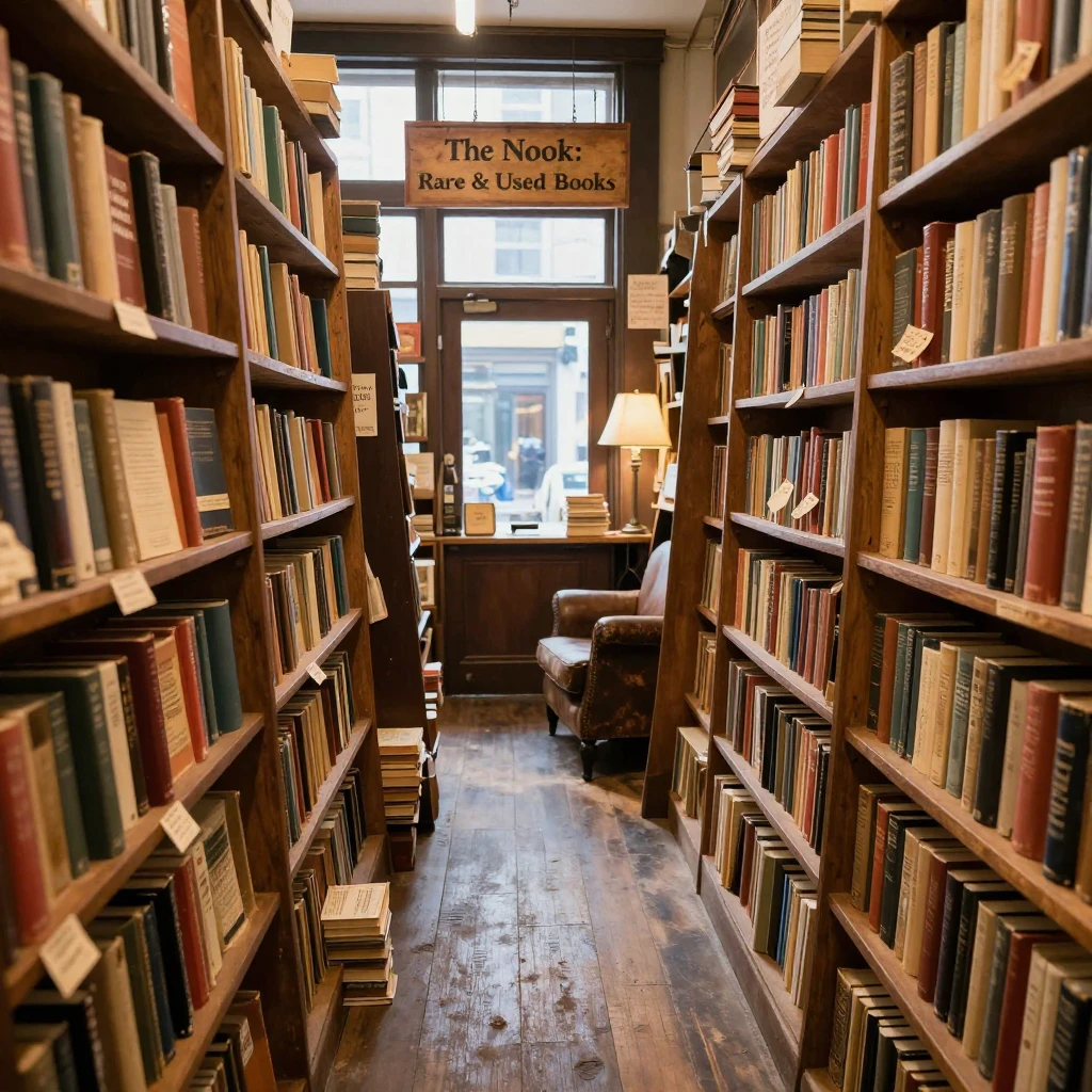 A cozy used bookstore with narrow towering aisles