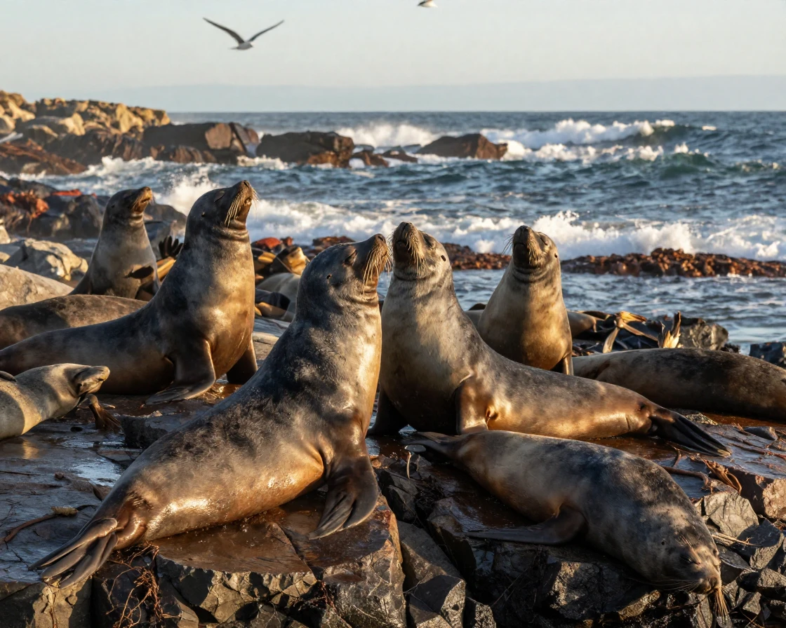 A group of seals basks together on sun-warmed rocks along a rugged coast.