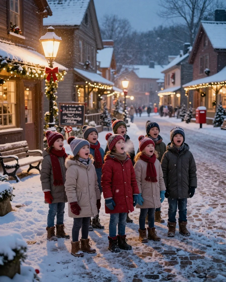 A group of children singing carols on a snow-dusted street in a snow-covered village square