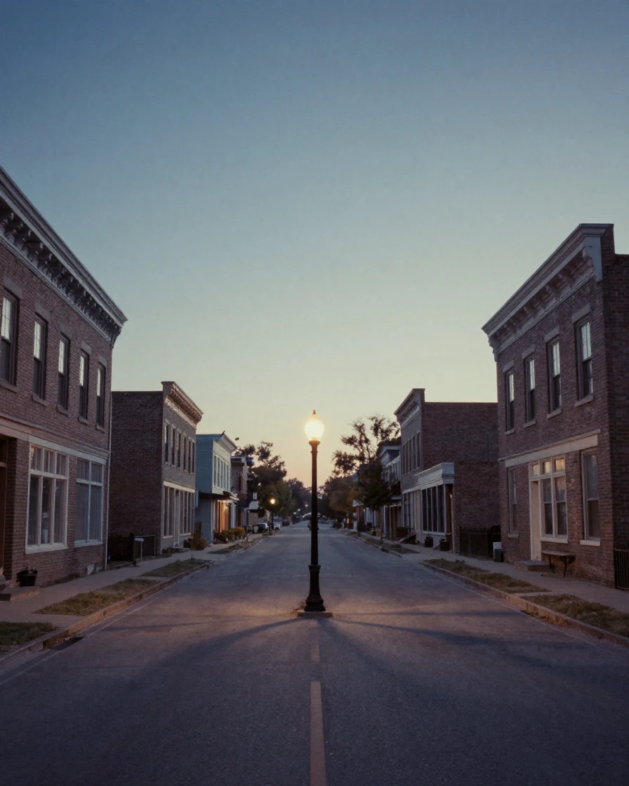 A quiet street lit only by a single glowing lamppost at night, at sunrise, on a clear, cloudless day, in the mild days of early autumn, in cool blues and silvery greys, framed symmetrically down a long corridor.