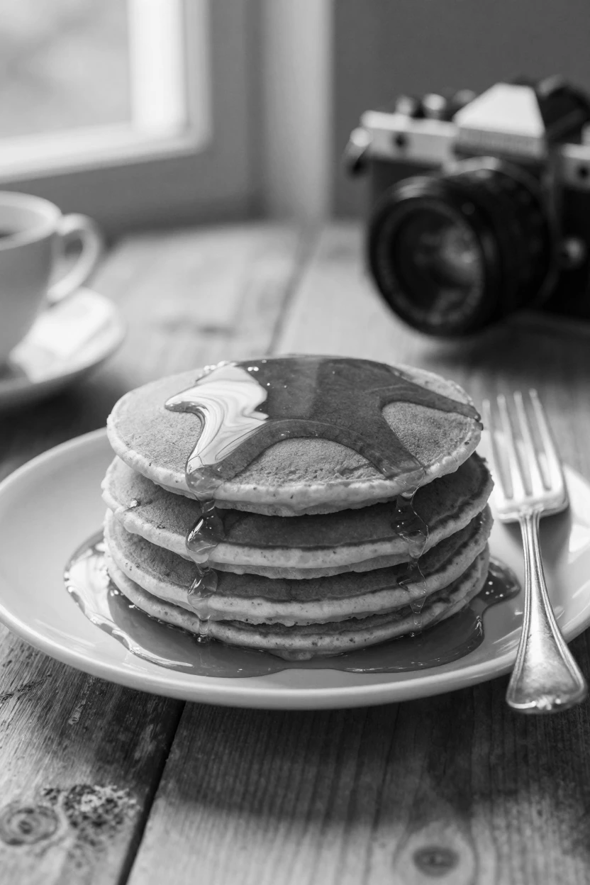 A stack of pancakes is drizzled with warm maple syrup on a sunny breakfast table.