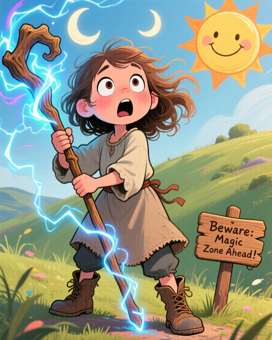 A young shepherd discovering her staff has transformed into a glowing magical weapon.