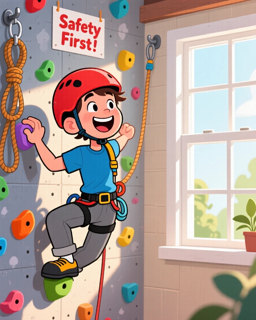 An everyday-life snapshot of a weekend rock climber, grinning at a small but satisfying success, as soft light streams through a nearby window.