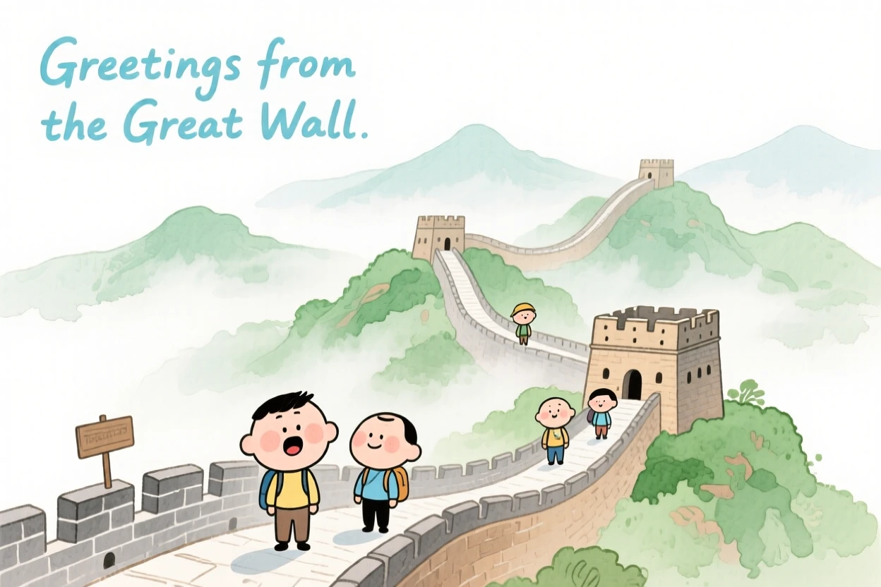 A dreamy travel postcard scene of the Great Wall winding through misty green mountains wrapped in gentle morning mist