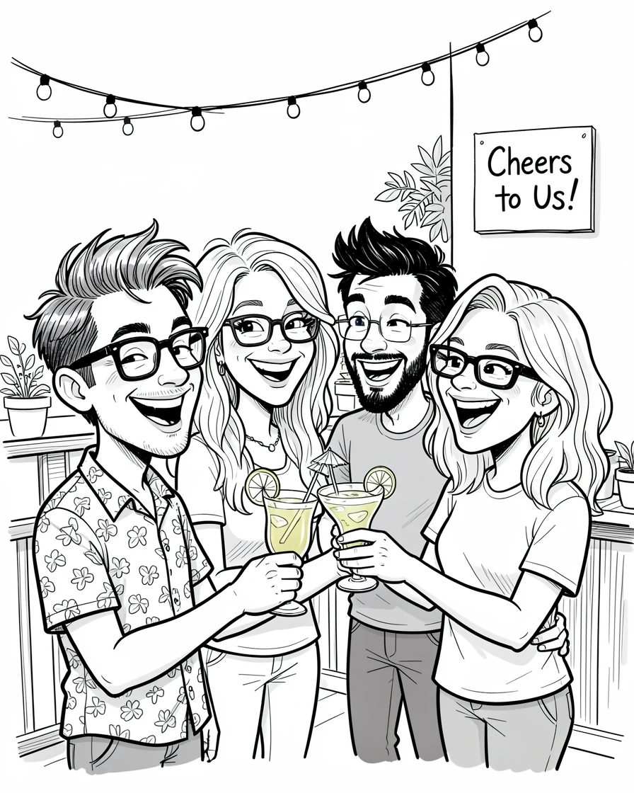 [Trending & Universal Topics] Modern lifestyle scene of a group of friends toasting drinks at a lively rooftop bar, capturing everyday joy
