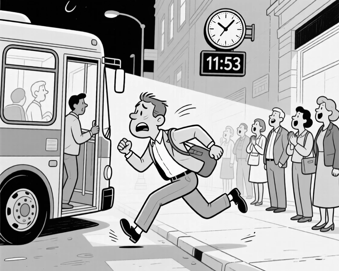 A commuter sprinting to catch a bus that's already pulling away, wincing with every single squeak of the wheel, set on a busy sidewalk full of onlookers. A clock on the wall reads an alarmingly late hour. The image turns a small mishap into pure comic gold.