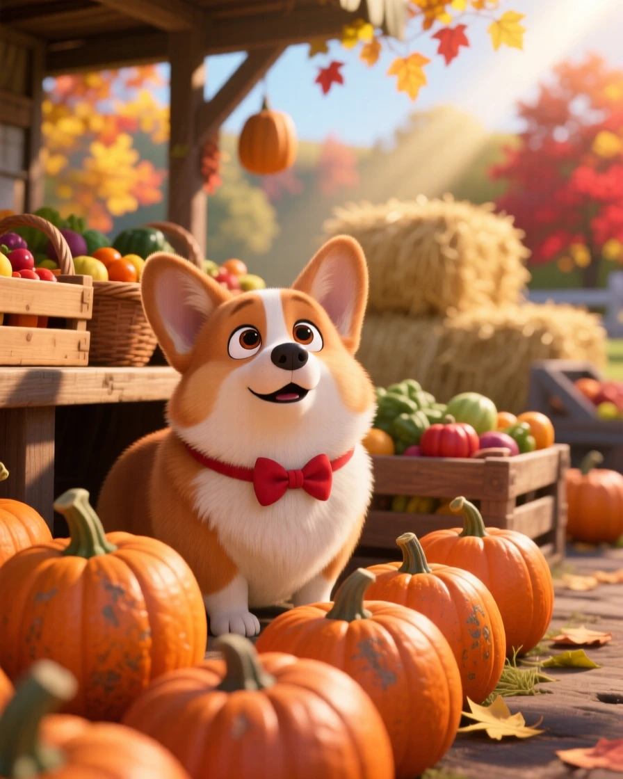 A chubby corgi is hiding among rows of pumpkins at a farm stand, looking up with big curious eyes. The scene feels warm and heartwarming, with a tiny bow tied around its neck.