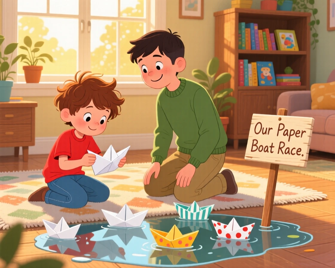 A curious young boy spends the afternoon making paper boats to float in a puddle with her older brother, as golden afternoon light streams through the window.