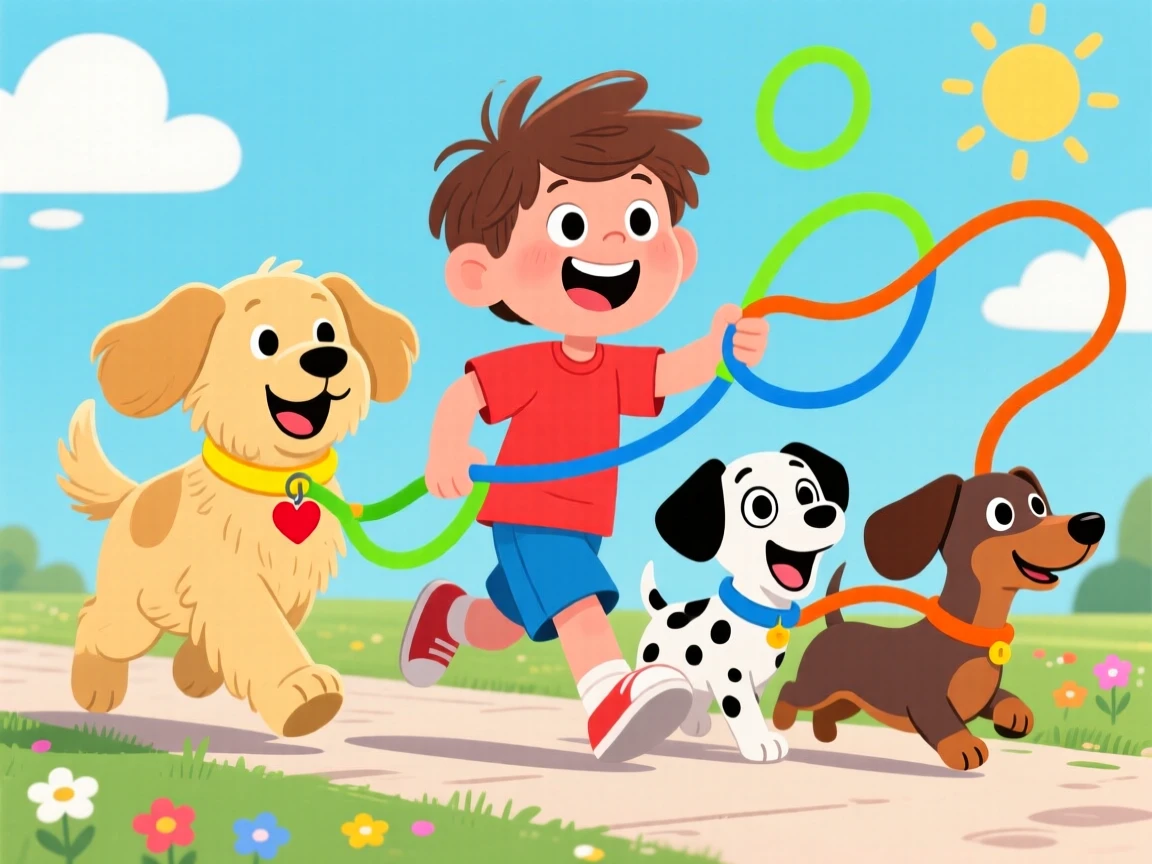 A child walking three excited puppies on colorful leashes.