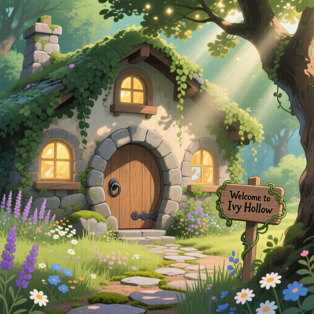 A charming view of a cozy stone cottage with a round wooden door and ivy-covered walls, with warm light glowing from every window.