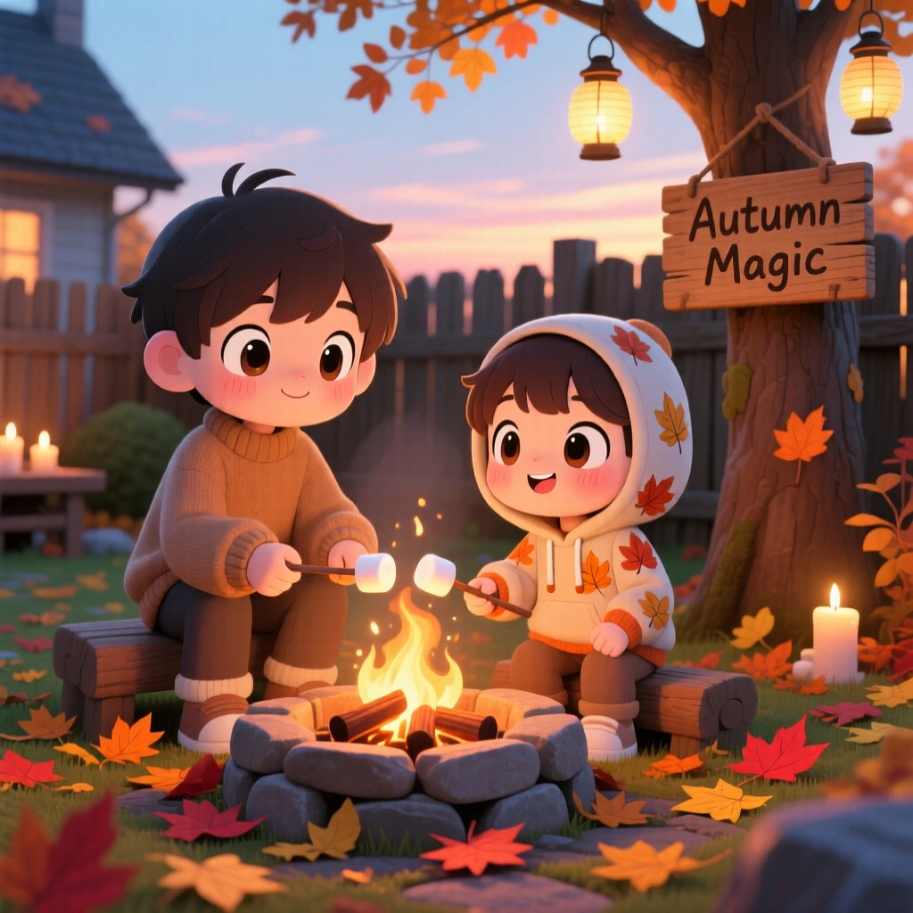 Siblings roasting marshmallows together in a cozy backyard fire pit on a crisp autumn afternoon; gentle candlelight washes over the scene as wide-eyed wonder fills the moment. Full-body shot.