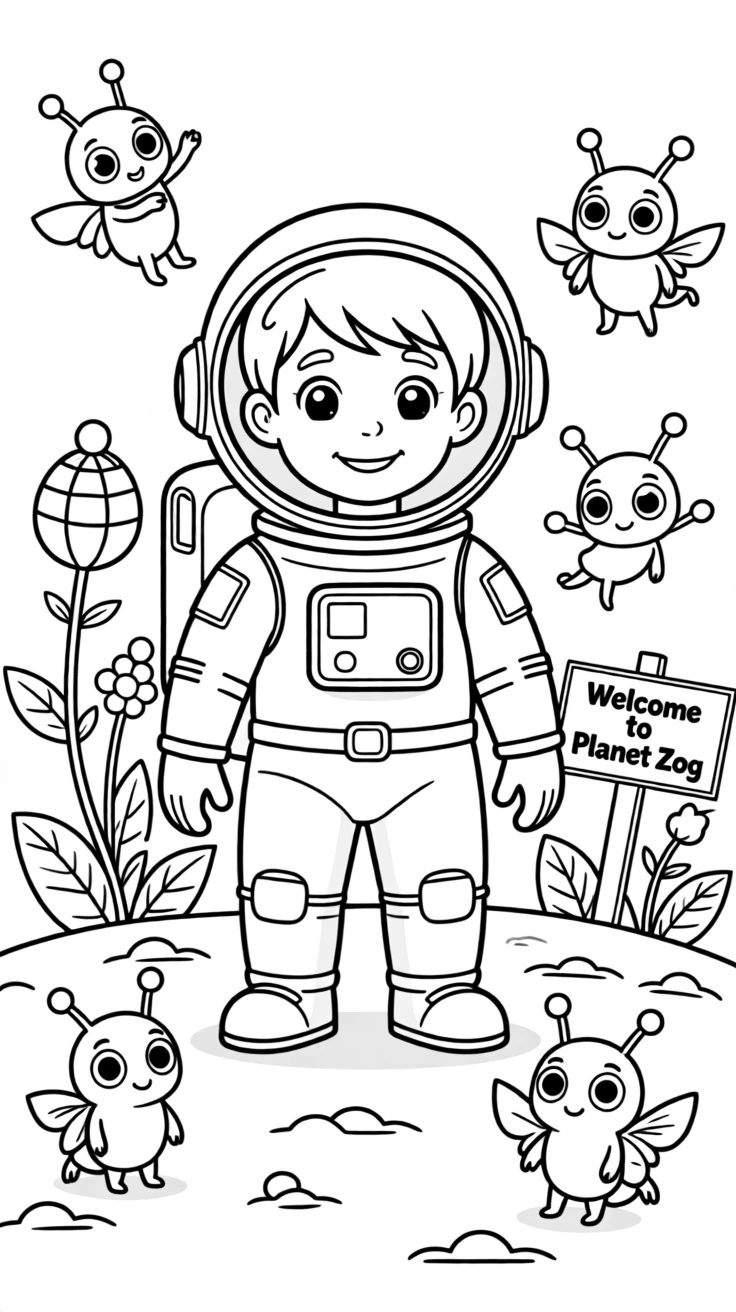 A friendly astronaut exploring a colorful alien planet with cute creatures