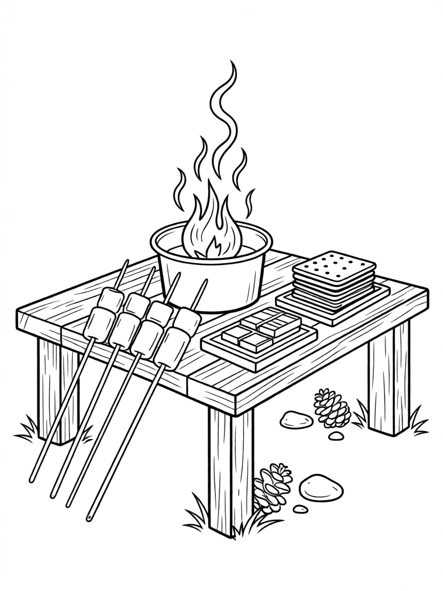 A s'mores setup with a campfire and roasting sticks, arranged on a rustic wooden table.